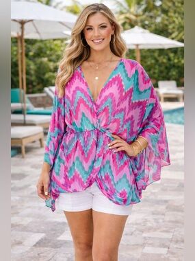 Kyle Richards Women’s Pink & Teal V-Neck Wrap Tunic Top PRICE DROP ⭐️🌷